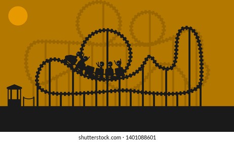 People Ride The Roller Coaster And The Box Office Below On A Orange 
Background