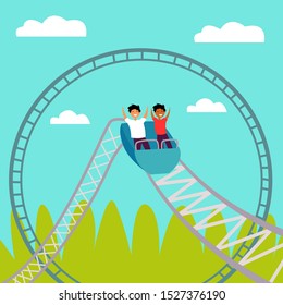 People ride a roller coaster. Children's attraction. Adrenaline. Thirst for speed and fun. Editable vector illustration
