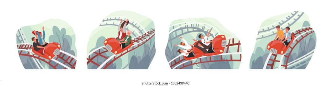 People ride roller coaster flat vector illustrations set. Friends and colleagues cartoon characters. Amusement park visitors having fun. Emotional, thrilling experience, active recreation concept.