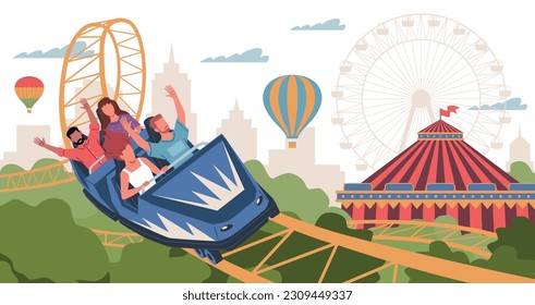 People ride in rollercoaster. Amusement park visitors in trailers racing along rails, extreme carousel, positive emotions, Russian mountains. Cartoon flat illustration. Nowaday vector concept