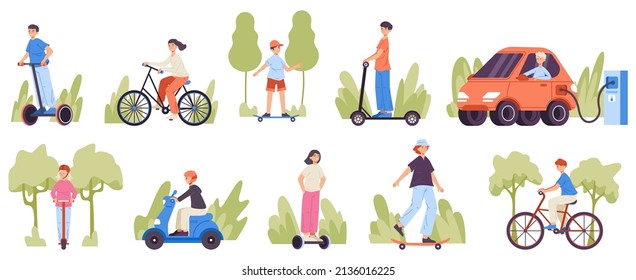 People ride scooter, bicycle, skateboard, motorbike and electric car. Human on hoverboard and gyro scooter vector illustration set. Characters driving ecological vehicles. Scooter and motorbike