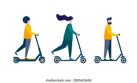 People ride scooters. Modern illustration. Flat vector. Isolated on white background