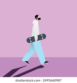 People ride skate on skateboard. Young man carrying skateboard, hold board in hand. Boy wearing casual clothes, oversize outfit. Flat isolated vector illustration