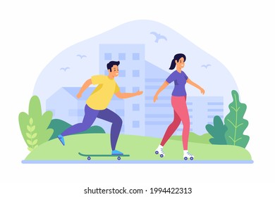 People ride skateboards and rollerblades. Summer sports. Guy is accelerating on skateboard. Girl sliding roller skates on asphalt. Extreme hobby and outdoor recreation. Vector flat illustration