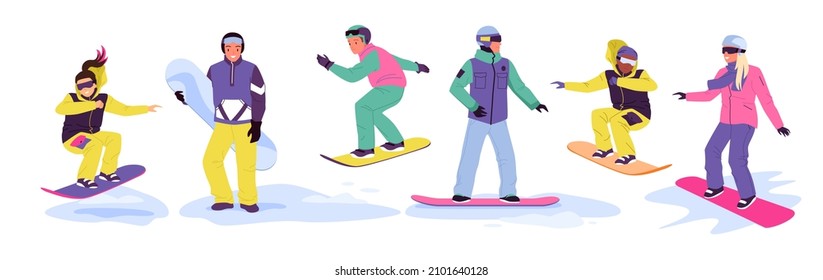 People ride snowboard on winter ski resort set vector illustration. Cartoon happy snowboarders jump from snow mountain slope, adult persons snowboarding, extreme sport and hobby isolated on white