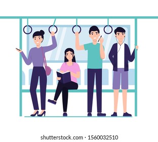 People ride the subway, metro, bus, train. Male and female characters in public transport. Flat vector cartoon design illustration. 