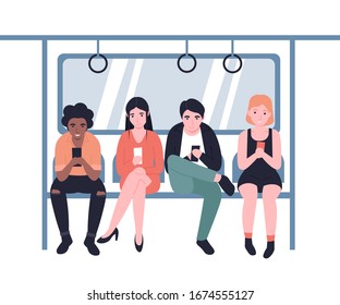 People ride the subway, metro, bus, train. Male and female characters in public transport with mobile. Flat vector modern cartoon design illustration. 