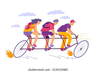 People Ride Tandem Bike. Happy Friends Group Engaged Cycling, Long Bicycle, Characters Outdoor Activity, High Speed Riding, Vector Concept