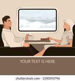 People ride the train. A man and a woman are sitting by the window in a train. Wagon compartment. Travel by rail. Mountain landscape outside the window. Railway carriage.
