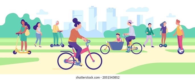 People ride transport in park. Dwellers drive eco