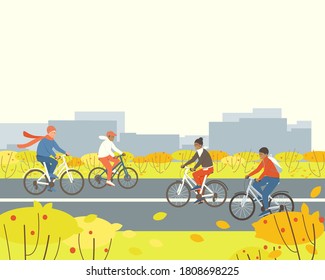 People rides bicycles in a park outside the city. Illustration with place for text on the topic of active lifestyle. Happy family sport activity. Flat vector cartoon illustration.