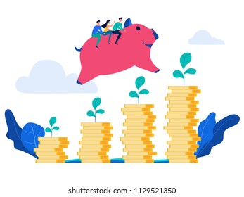 People rides piggy bank jump over money stack and growing a successful financial chart. Concept of investment and increasing financial growth. Cartoon Vector Illustration.