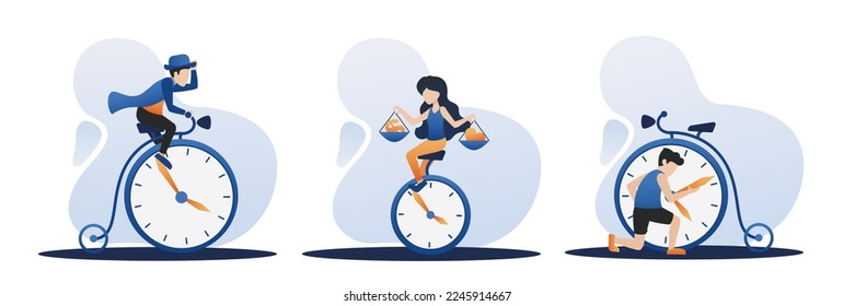 People rides time bike. Time management and deadline concept. Characters manage clock bicycles. Woman on bike balance between money and love. Man fix clock. Vector illustration