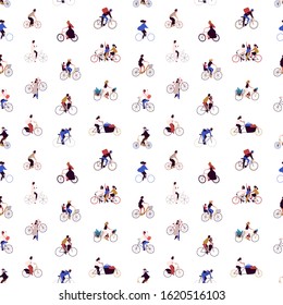 People riding bicycle flat vector seamless pattern. Men and women with urban vehicle background. Cartoon characters riding eco transport texture. Wrapping paper, textile, fabric design.