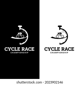 People riding bicycle logo illustration vector icon template. Cycle race. Sport emblem.