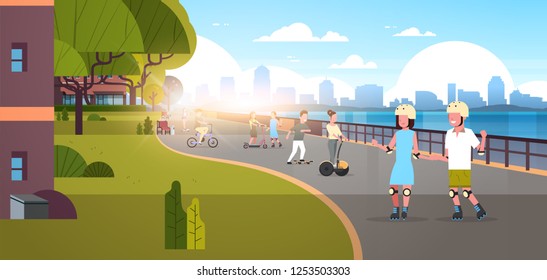 people riding bicycle roller-skates skateboard in modern city quay urban cityscape skyscrapers background active holiday relax horizontal banner flat