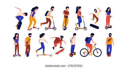 С colección de personas en bicicleta, moto, patineta, hoverboard, uniciclo eléctrico, longboard. Dibujo de vector plano colorido.