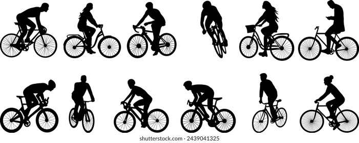 people riding bicycle silhouette set on white background, vector