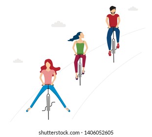 People riding bicycles. Active people enjoying bike ride. Healthy lifestyle, Eco transportation. Vector Illustration