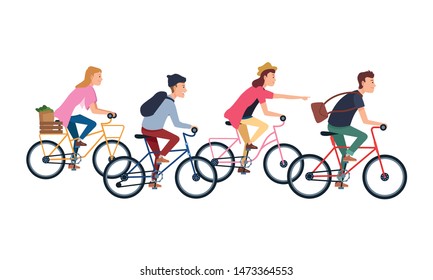 People riding bicycles with backpack and groceries basket ,vector illustration graphic design.