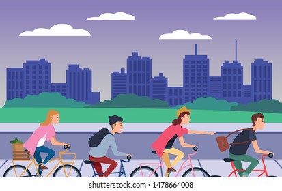 People riding bicycles with backpack and groceries basket in the city ,vector illustration graphic design.