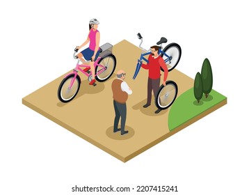People riding bicycles in city park isometric composition 3d vector illustration