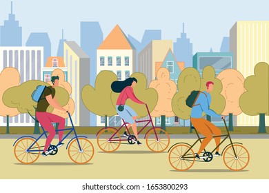 People Riding Bicycles Flat Vector Illustration. Cartoon Pupils, Students with Backpacks Moving along Street. City Residents Use Environmentally Friendly Transport. Convenient Urban Transportation