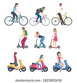 Gente en bicicleta, patineta y escopeta, vista lateral de jóvenes y mujeres conduciendo en dos ruedas Concepto de transporte de dibujos animados Ilustración vectorial