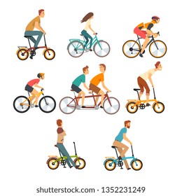 People Riding Bicycles Set, Men and Women on Bikes of Various Types Vector Illustration