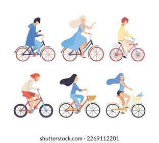 People riding bicycles set. Side view of cycling men and women exercising, relaxing or going to work. Eco friendly transport, healthy lifestyle flat vector