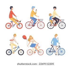 Leute, die Fahrräder fahren, stellen sich. Seitliche Sicht auf Radfahrer Männer und Frauen. Öko-freundlicher Verkehr, gesundes Lifestyle-Konzept, flache Vektorgrafik