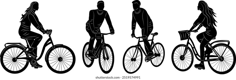 Silueta de la gente que monta las bicicletas, Vector