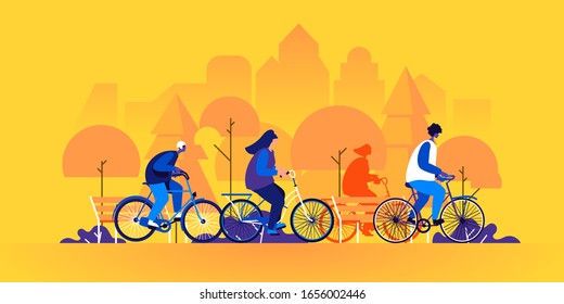 People riding bicycles. Young men and women on bikes in park. Friends cycling together. Group of bicyclists on city street. Recreational or sports outdoor activity. Flat cartoon vector illustration.