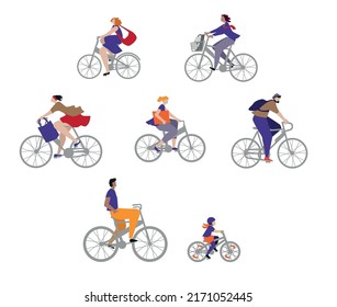 People riding bike, e bike, ride bike, biking, cycling on the street away to work. Vector illustration, clip art, cartoon. People on bike.