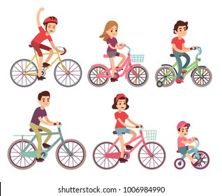 People riding bike. Flat cyclist on bicycles vector set. Sport family activity bike illustration