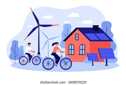 Gente montando bicicletas en molinos de viento y en estaciones de energía solar. Ilustración vectorial plana de tecnología ecológica, transporte, energía renovable, concepto de desarrollo sostenible