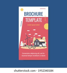People riding bikes by windmills and solar power station. Flat vector illustration for eco friendly technology, transport, renewable energy, sustainable development concept