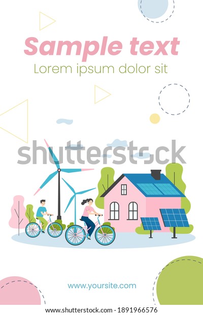 People riding\
bikes by windmills and solar power station. Flat vector\
illustration for eco friendly technology, transport, renewable\
energy, sustainable development\
concept