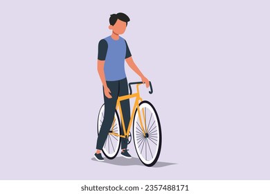 People riding bikes on city street concept. Colored flat vector illustration isolated. 