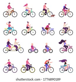 People riding bikes. Outdoor activities, group of people riding bicycles, bike riding, active family healthy lifestyle vector illustration set. Bicycle and bike ride, man woman outdoor active