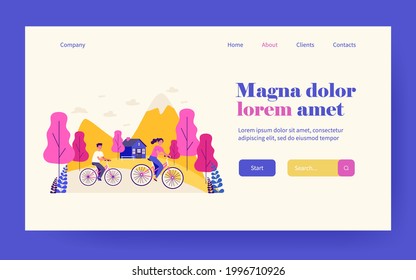 Gente montando bicicletas al aire libre. Jóvenes y mujeres o madres e hijos en bicicleta en las montañas ilustraciones planas vectoriales. Actividad familiar, concepto de estilo de vida para banner, diseño de sitios web o página web de inicio