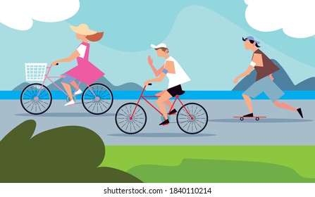 people riding bikes and skateboard in the street activity outdoor vector illustration