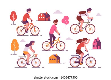 People riding bikes vector illustration. Men and women cycling on different types of bicycle around town together. City landscape with houses and trees on background