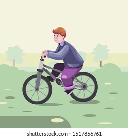 People riding bikes vector illustration. landscape with trees on background