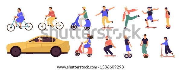 People riding.
Cartoon characters on modern electric city transport, longboard
scooter bicycle unicycle car. Vector personal transporters roller
device with motor