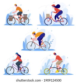 People riding different kinds of bicycles: touring, race, folding bicycle, vector illustration