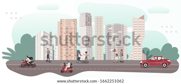 People riding different transport in city, vector\
illustration. Traffic of modern metropolis, road to high rise\
buildings. Men, women and children riding scooter, skateboard,\
bike, driving car in\
city