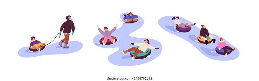 People riding down snow slope. Families, friends, children tubing from hill, have fun on Christmas holiday. Adults and kids rejoice to winter. Flat isolated vector illustration on white background