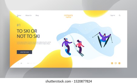 People Riding Downhills Website Landing Page. Winter Sports Activity and Spare Time. Young Men and Women Skiing and Snowboarding in Mountains Resort Web Page Banner. Cartoon Flat Vector Illustration