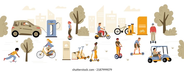 People riding eco transport in city, young characters use green electric car, scooter, hoverboard, monowheel, skateboard and bicycle nature friendly transportation, Line art flat vector illustration